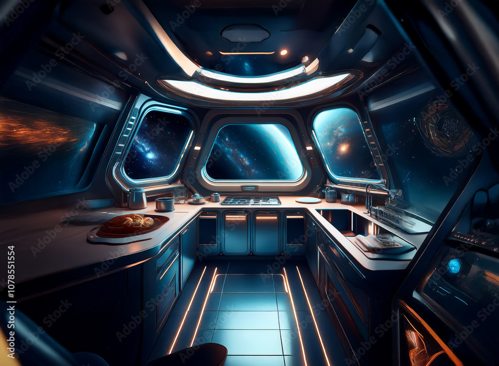 Aufkleber a futuristic kitchen with large windows looking out at a vast and colorful nebula.