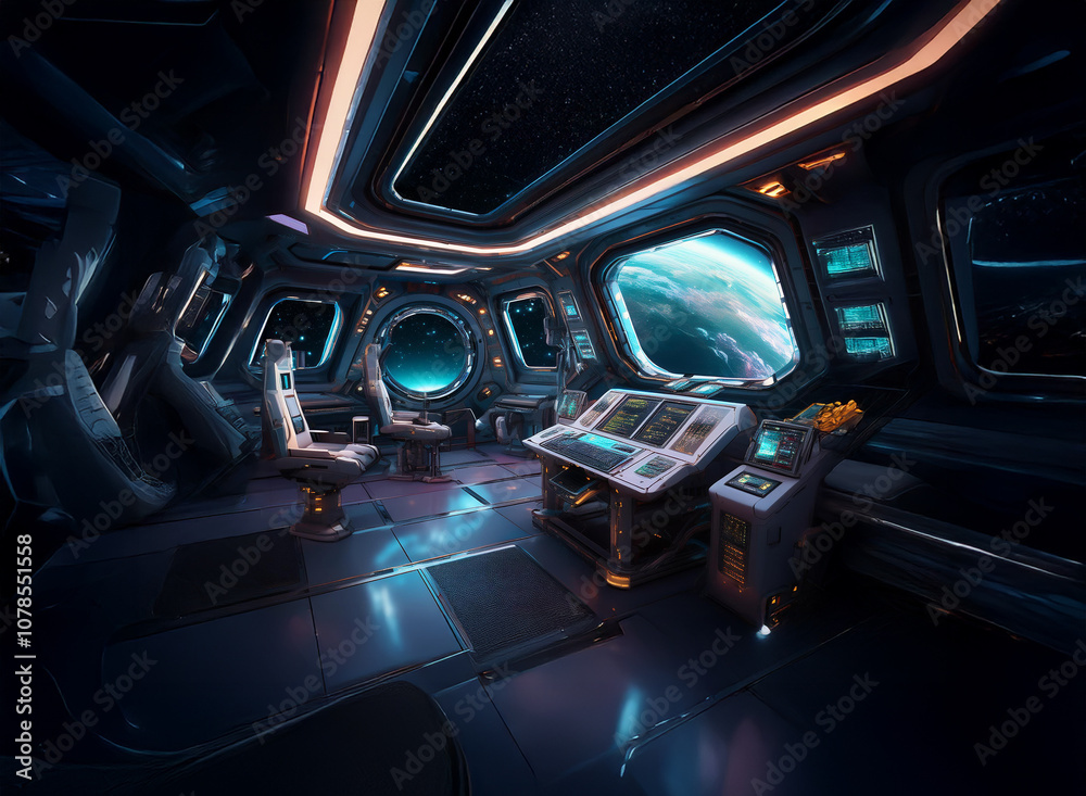 Poster the interior of a spaceship cockpit with two seats and a control panel. a view of a blue planet can 