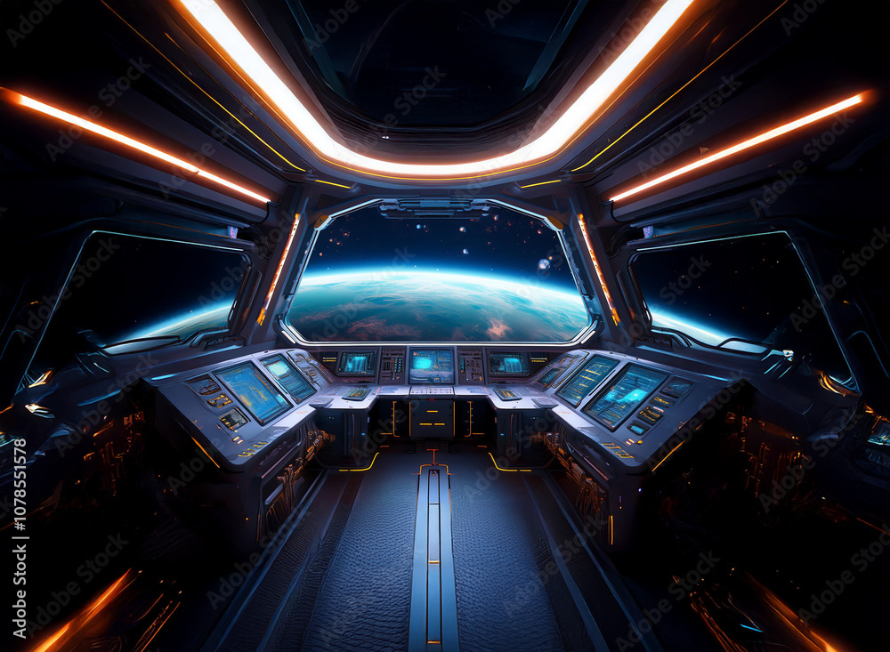 Poster an interior view of a spaceship cockpit with glowing panels and a view of earth from the window.