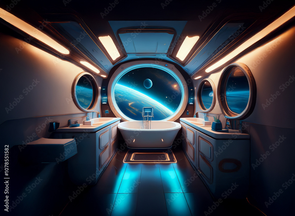 Poster a futuristic bathroom with a large window overlooking a view of a planet and stars.