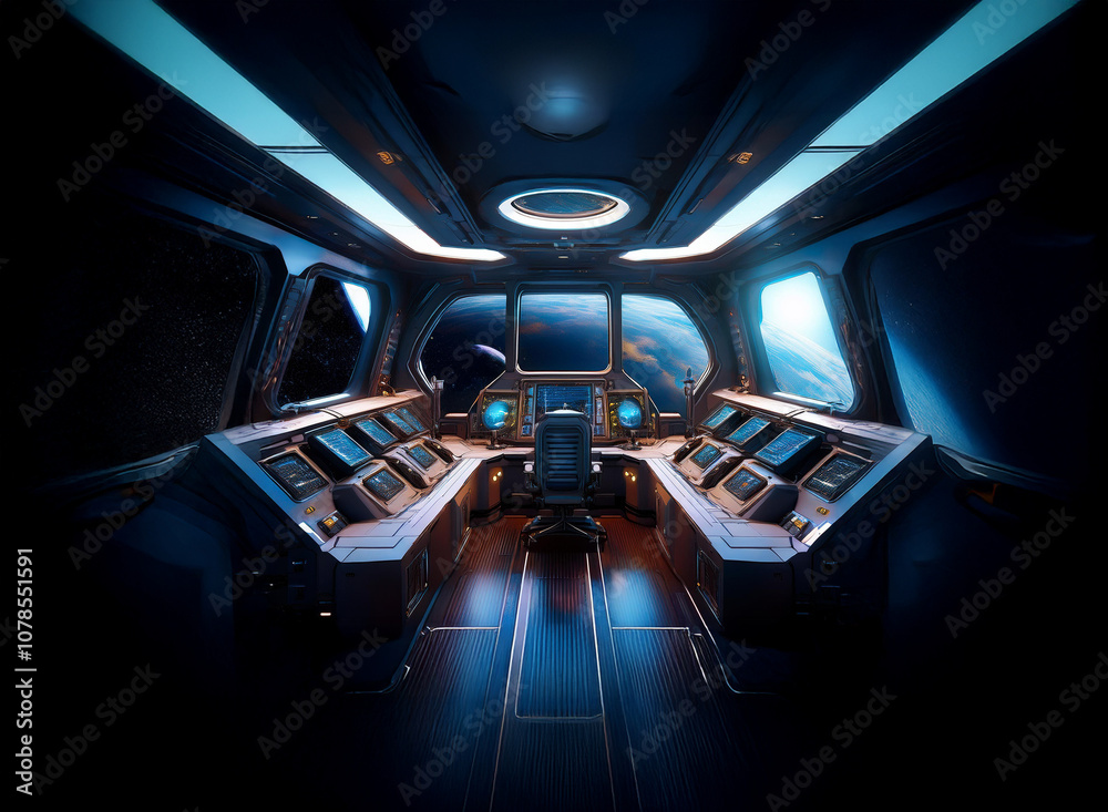 Poster A futuristic spaceship cockpit with a view of a planet and stars.