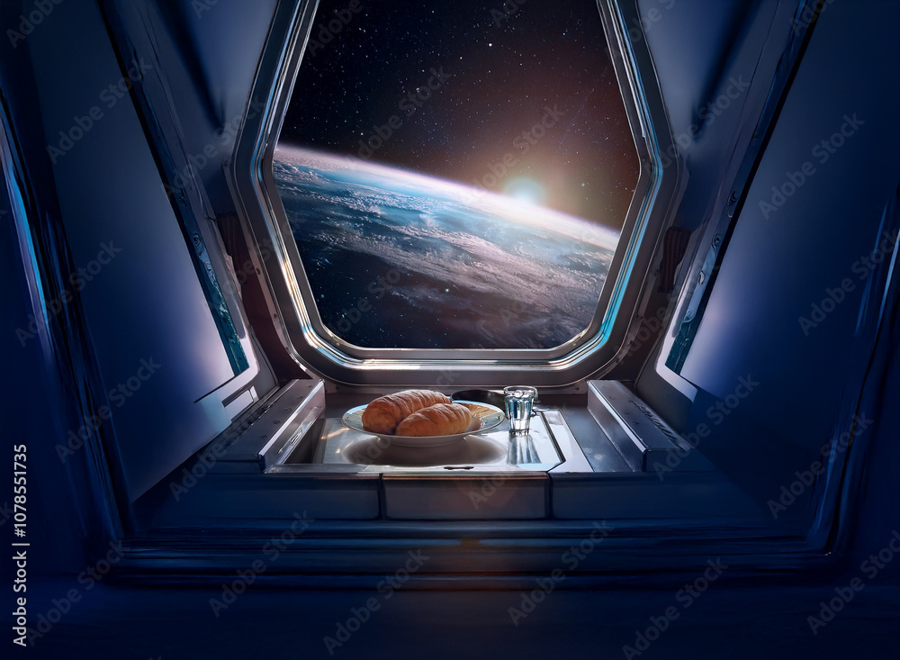 Poster a view of earth from a spaceship window, with a simple meal laid out on the table.