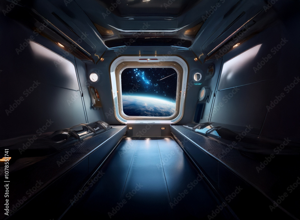 Poster A futuristic spaceship interior with a large window overlooking Earth and a starry sky.