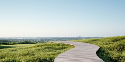 A serene pathway winds through lush green grass under a clear blue sky.