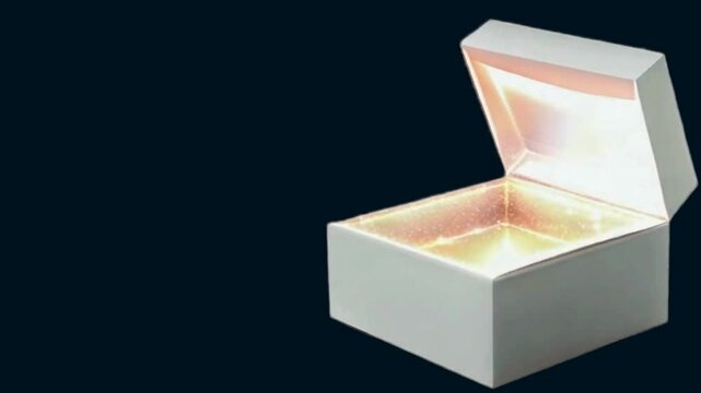 white gift box with delicate glow illuminating from inside isolated over navy background; perfect for present advertising: christmas, anniversary, wedding, birthday, loving valentine's day surprise