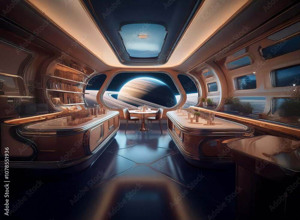 Aufkleber A futuristic spaceship interior with large windows looking out to a view of Saturn with its rings.