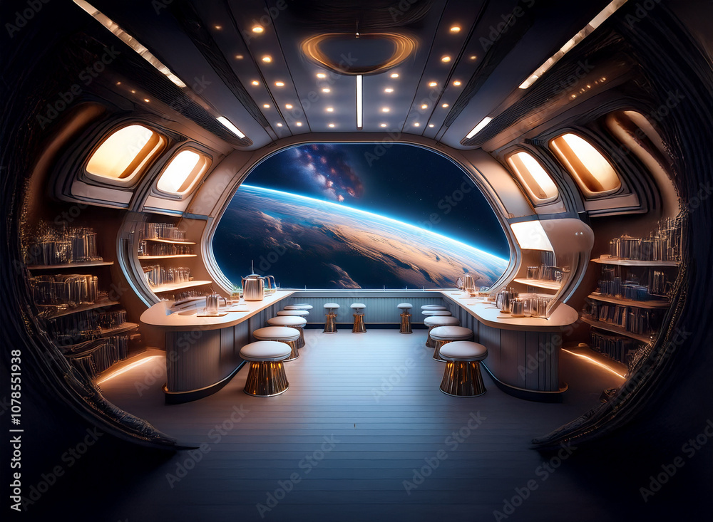 Poster a futuristic space bar with large windows overlooking a blue and green planet with a nebula in the b