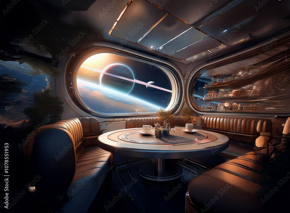 Poster A futuristic spaceship dining room with large windows overlooking a ringed planet and a distant spaceship.
