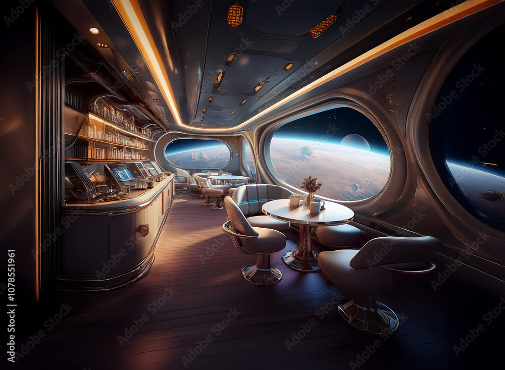 Poster a futuristic bar with large windows overlooking a distant planet.