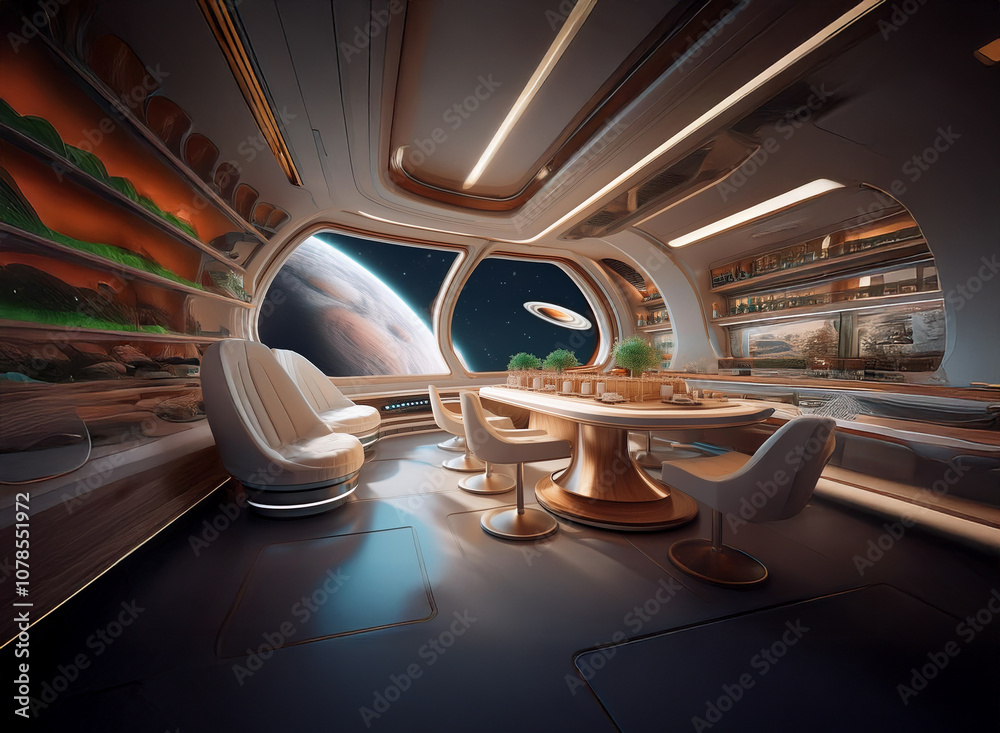 Poster a futuristic dining room with large windows overlooking a red planet and a space station.