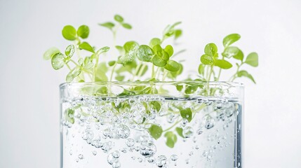 Close-up of vibrant green sprouts in a glass of sparkling water, embodying freshness, purity, and the essence of life. #hydroponics #plants #water