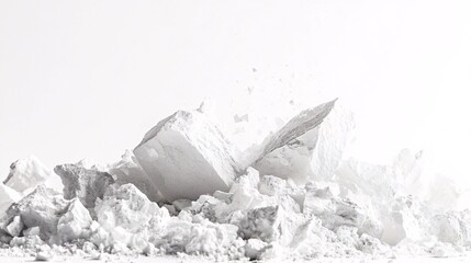 Abstract Composition of White Chalk Dust and Stone Fragments on White Backdrop
