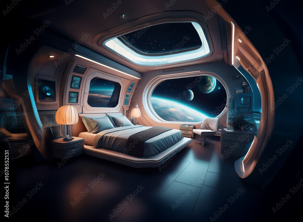 Poster a futuristic bedroom with large windows that show a view of a planet and several moons in the distan