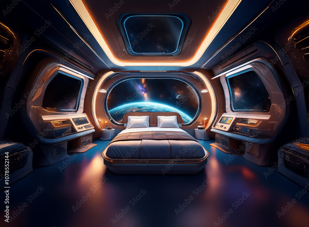 Poster a futuristic bedroom with a large window offering a view of earth from space.