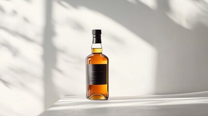 Exquisite Amber Elixir: A symphony of light and shadow dances upon a bottle of fine spirits, capturing the essence of indulgence and craftsmanship.