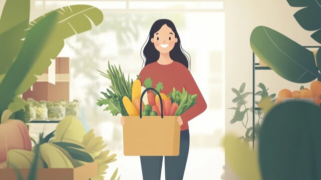 A young woman holding a reusable shopping bag filled with fresh groceries, walking out of the store with a smile, embodying a sustainable lifestyle.