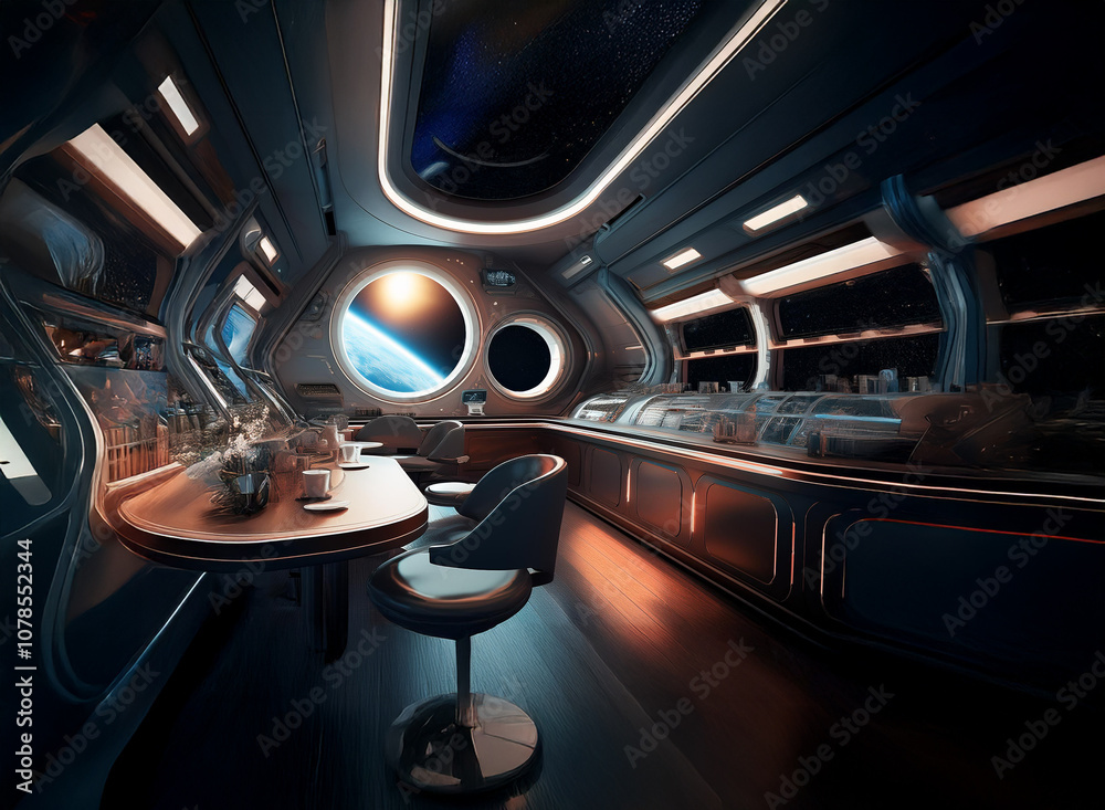 Poster a futuristic spaceship interior with a large window overlooking earth.