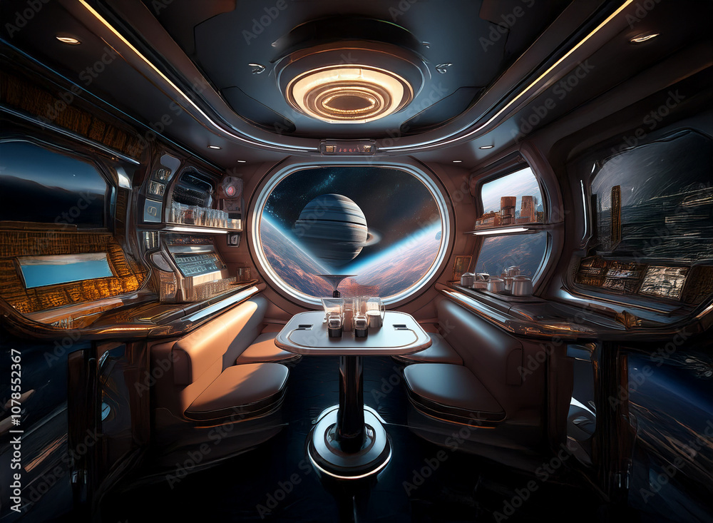 Poster A futuristic spacecraft lounge with large windows overlooking a distant planet and a space station in the background.