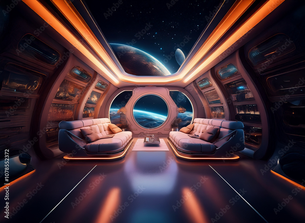 Poster the interior of a spaceship with large windows looking out at a planet and stars.