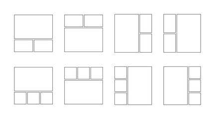 Frame collage from square and rectangle shape for photo, image template line set. Mood board layout, background. Gallery grid, mosaic puzzle border. Vector outline illustration