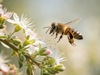 Minimalist Photography of an Animated Bee in a Soft Color Palette, Emphasizing Simplicity and Nature's Beauty in a Clean, Modern Style