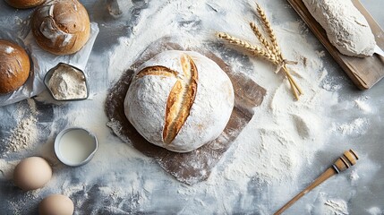 Freshly Baked Bread: A Rustic Bakery Scene with Flour, Dough, and Ingredients
