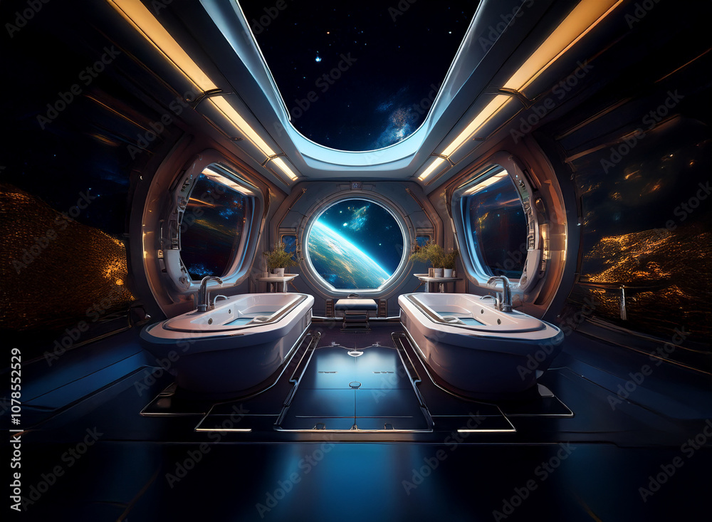Poster a futuristic bathroom with two bathtubs overlooks a view of earth from a spaceship window.