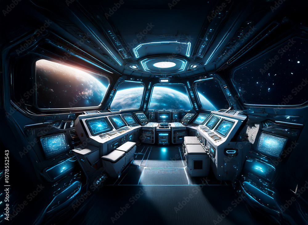 Aufkleber A futuristic spaceship cockpit with a view of a distant planet and the vast expanse of space beyond.