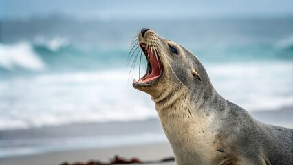 Obraz premium Minimalist Photography of a Sea Lion with Open Mouth Screaming Against a Soft Ocean Background, Capturing the Essence of Nature and Wildlife in Its Purest Form