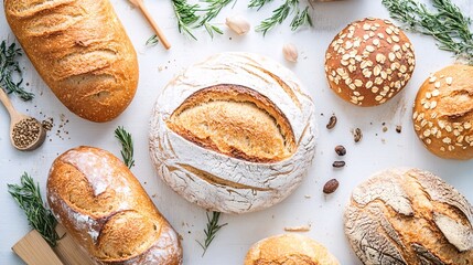 Freshly baked bread with seeds - Top Down Photo of Variety of Breads on a White Table with Decoration.