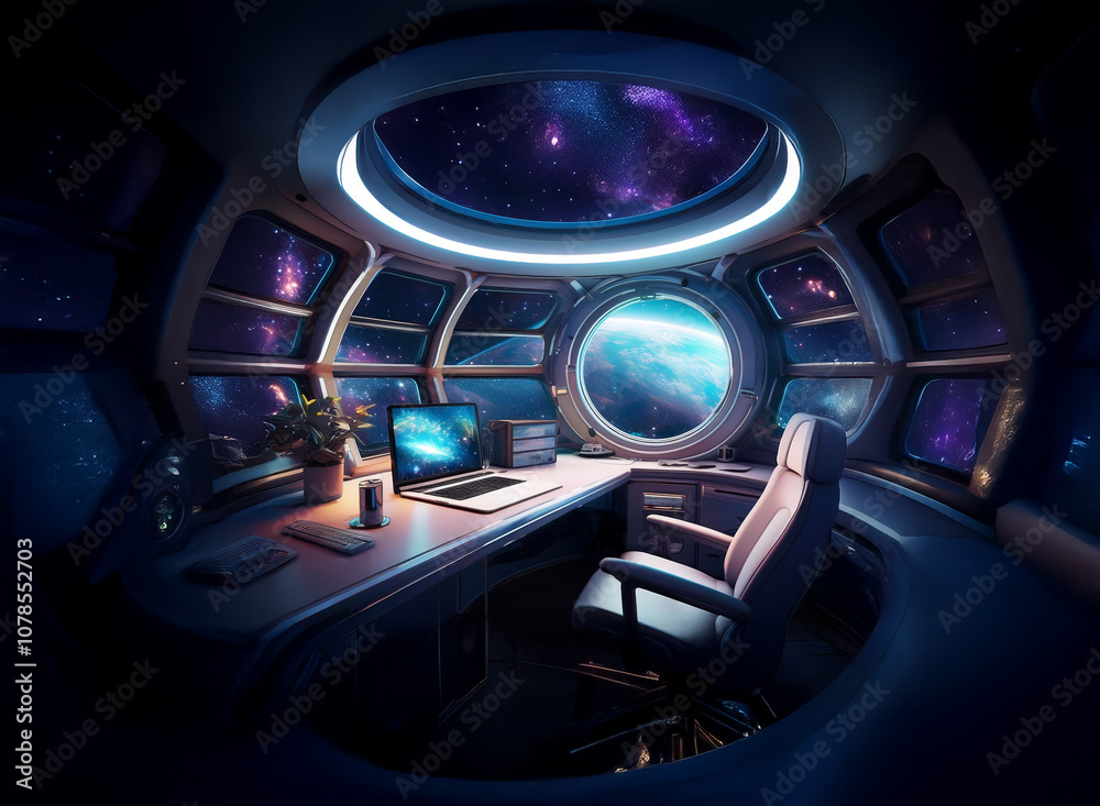 Poster A futuristic spaceship interior with a view of Earth from a large window and a desk with a laptop, suggesting a space station or a space-faring vessel.