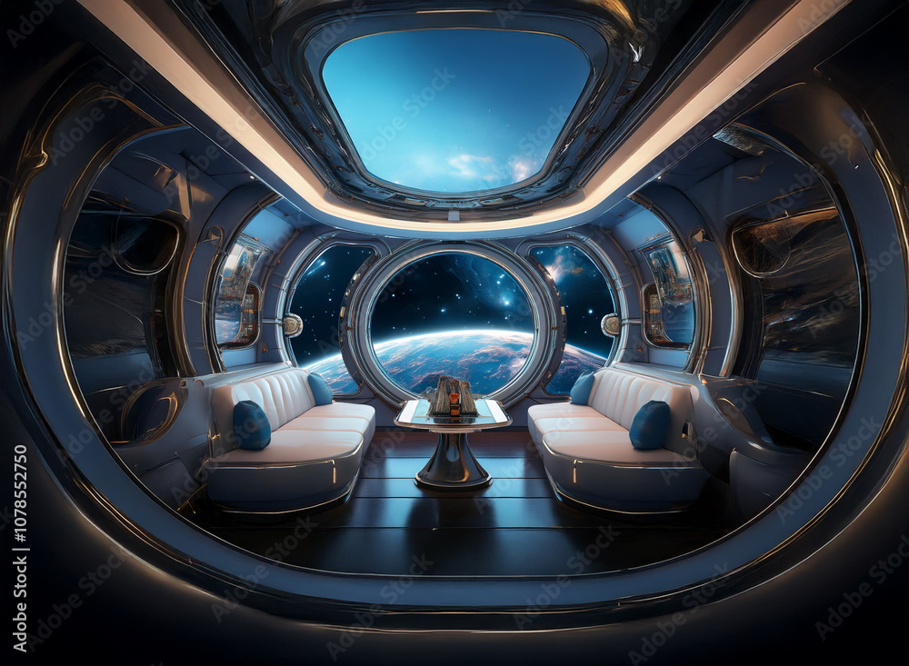 Poster A futuristic space station interior with large circular windows overlooking a view of a distant planet and starry sky.
