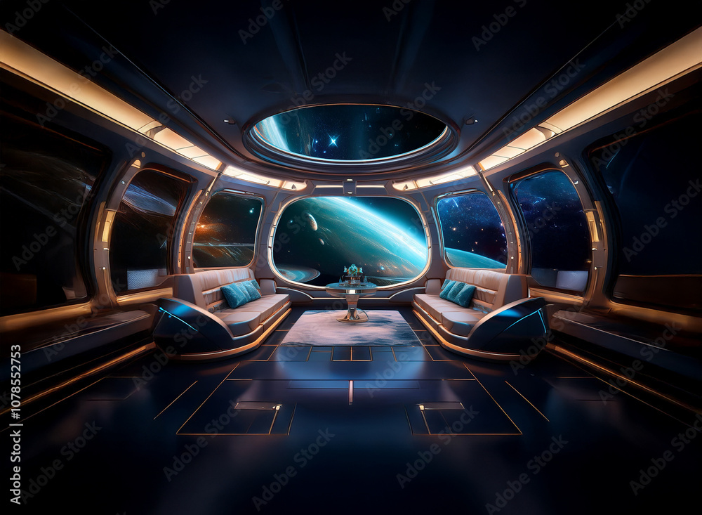 Poster A futuristic spaceship lounge with large windows showcasing a breathtaking view of a distant planet and stars.