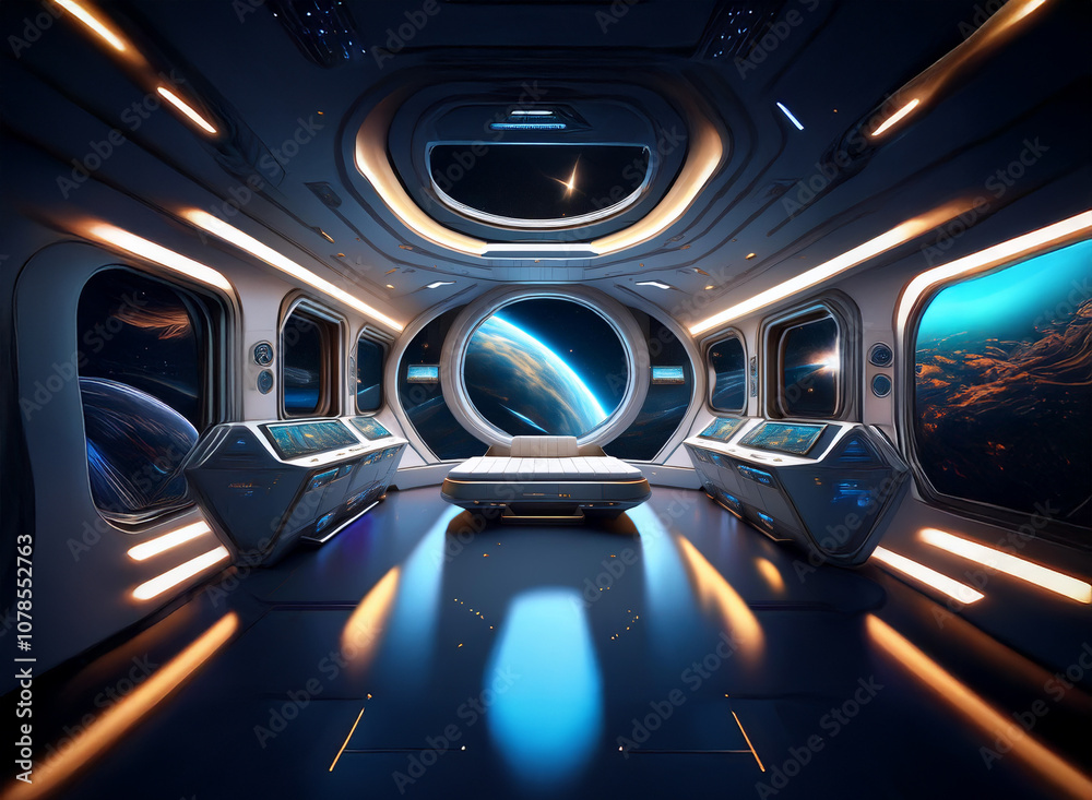 Poster A futuristic spaceship interior with large windows overlooking a distant planet and a starry sky.