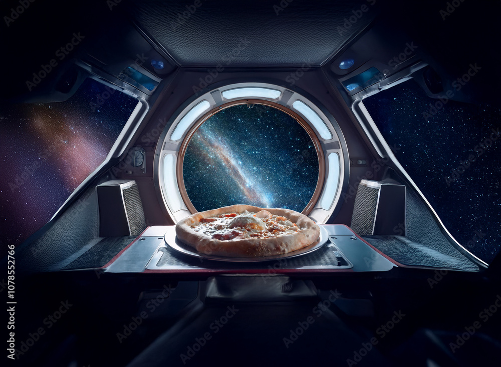 Poster A pizza sits on a table in front of a window overlooking a starry galaxy, inside a spaceship.