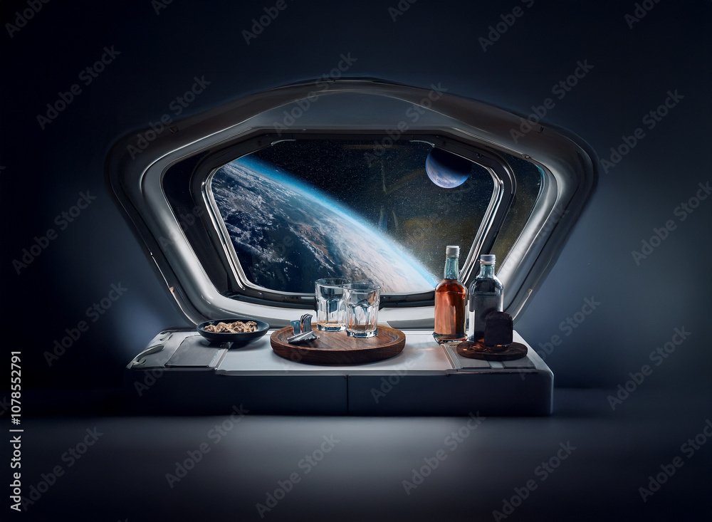 Poster a futuristic spacecraft interior with a large window revealing earth and a moon in the distance. a t