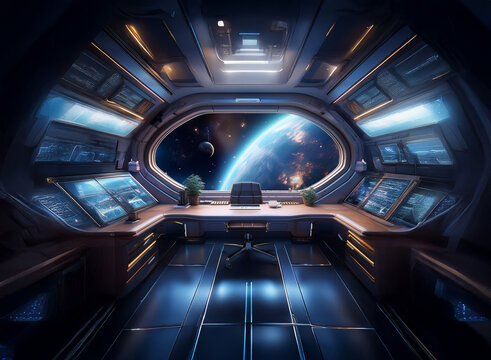 An office with futuristic design, an expansive window revealing a view of Earth and space, and a desk with a chair in the center. - Powered by Adobe