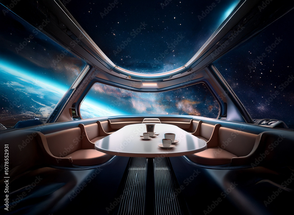 Poster A futuristic spaceship dining room with large panoramic windows looking out onto a view of a planet and stars.