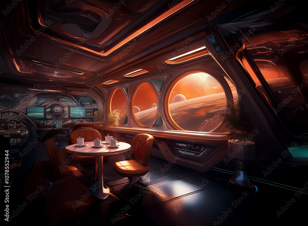 Poster A futuristic spaceship interior with large windows overlooking a distant planetary system.