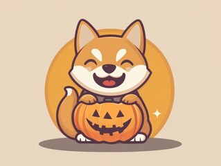Obraz premium Create an adorable flat circle icon featuring a happy dog with a pumpkin in high fidelity