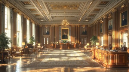 Elegant, well-lit office with wooden decor and portraits.