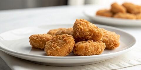 Minimalist Photography of Crispy Fried Chicken Nuggets on a Simple White Plate with Golden Brown Texture and Shallow Depth of Field, Perfect for Food Lovers and Culinary Inspiration