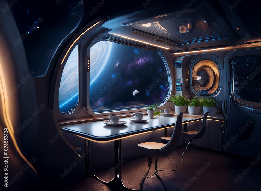 Poster a futuristic dining room with a large window overlooking a vast, starry expanse.