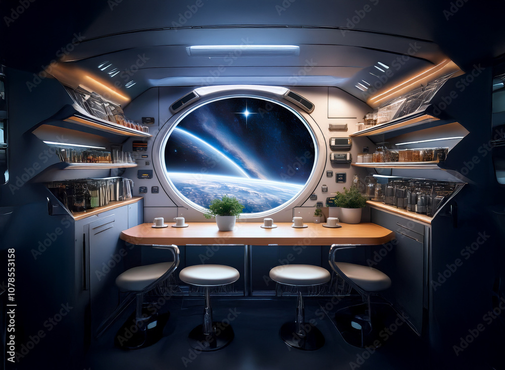 Aufkleber a futuristic spaceship kitchen with a large viewport revealing a view of earth and the cosmos.