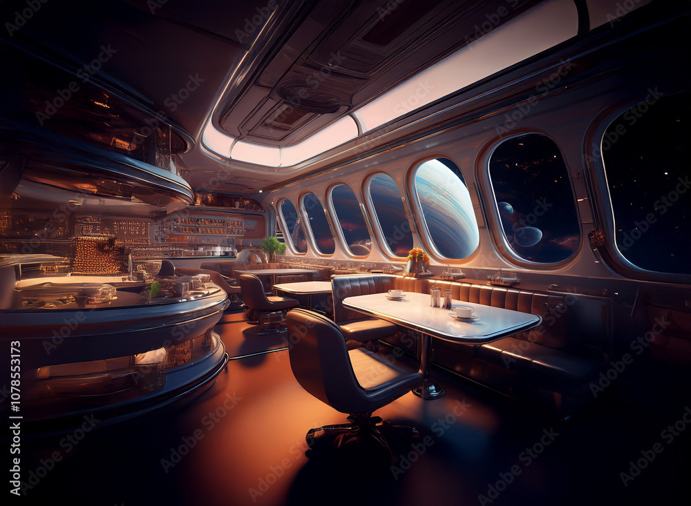 Poster A futuristic diner with a bar and tables is positioned near large oval windows that show a planet and stars.