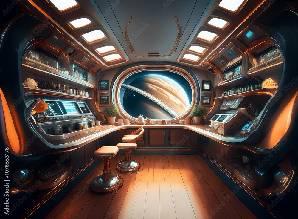Poster A futuristic space bar with a large window showing a planet with rings.