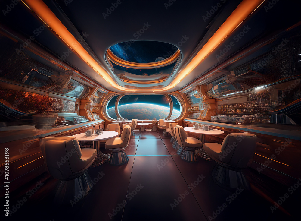 Poster a futuristic dining room inside a spacecraft, with a large window offering a view of a planet and st