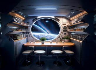 A futuristic spaceship kitchen with a large viewport revealing a view of Earth and the cosmos.