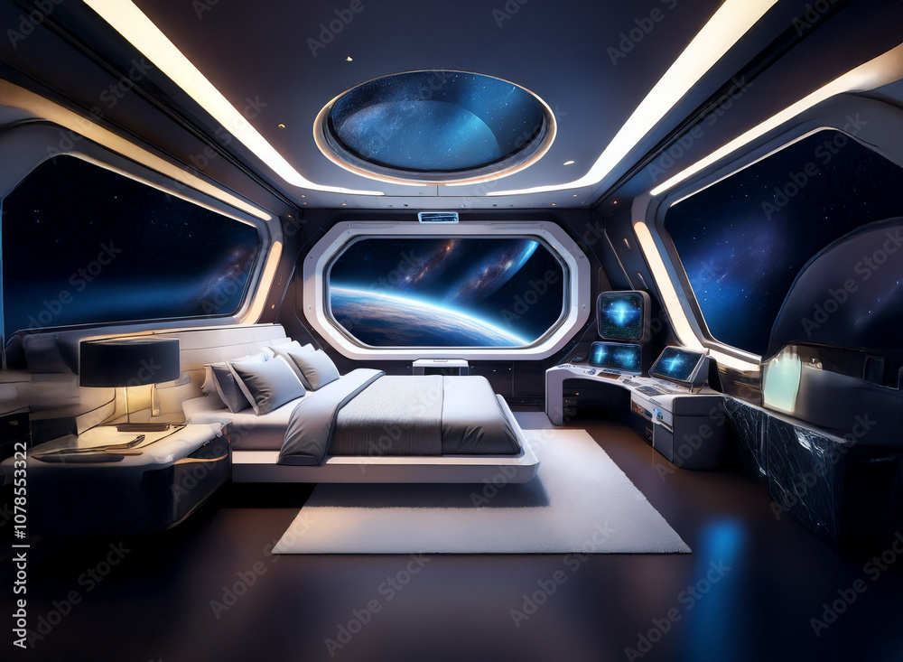 Aufkleber a futuristic bedroom with a view of a planet and stars through large windows.