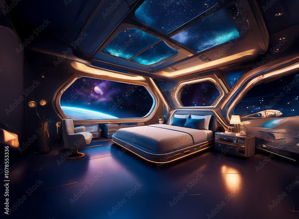 Poster a futuristic bedroom with large windows overlooking a vast expanse of stars and a planet.